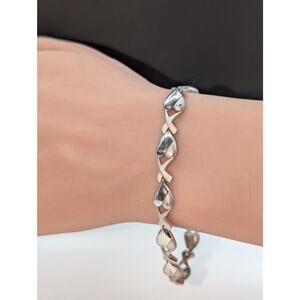 Vintage JC 925 Sterling Silver Diamond Accents Heart 'X' Link Bracelet 11.9g